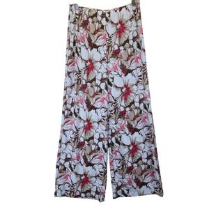 Easywear by Chicos Floral‎ Wide Leg Pants Size 1 Medium White Pink Brown Travel